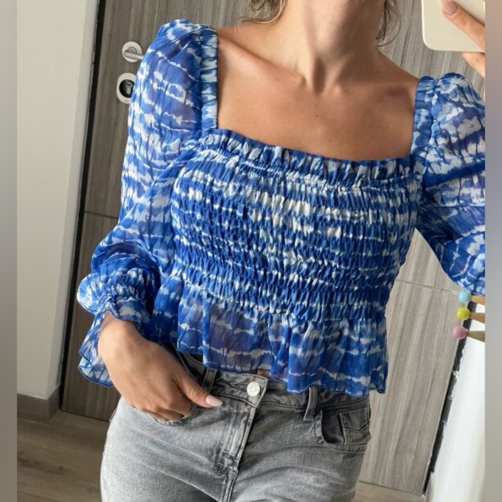 Zara Blue and White Tie-Dye Smocked Blouse